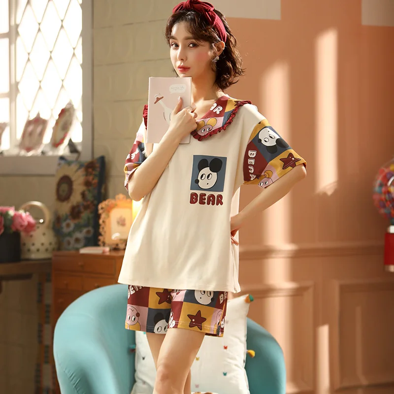 

Women's Cotton Pajamas Summer Korean Style Plaid Mouse Loose Short Sleeve Suit Thin Student Lapel Spring and Autumn Home Wear