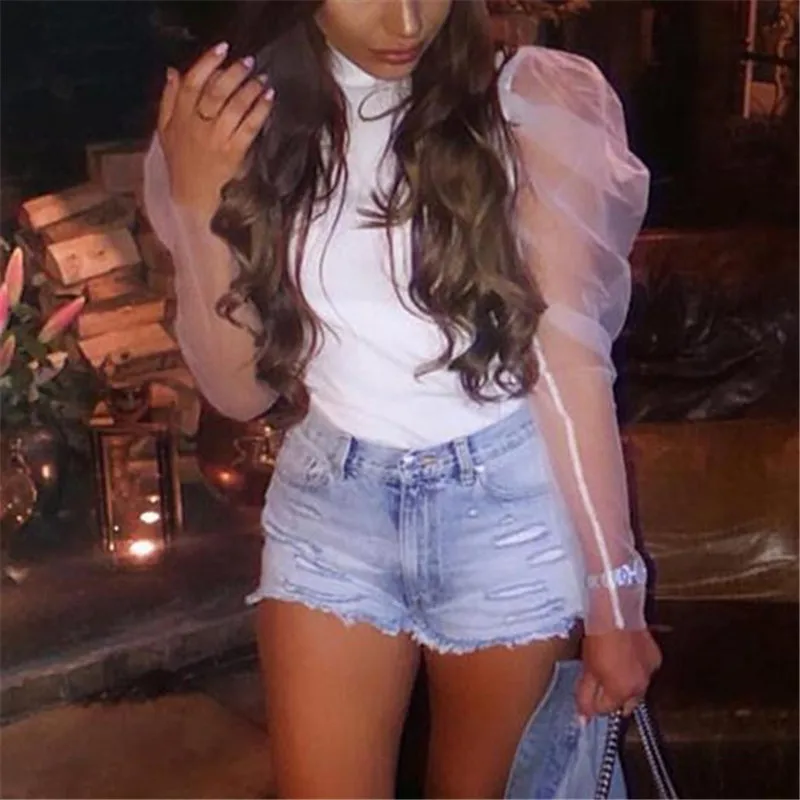 Женская Осенняя футболка топы с длинными рукавами фонариками из прозрачной