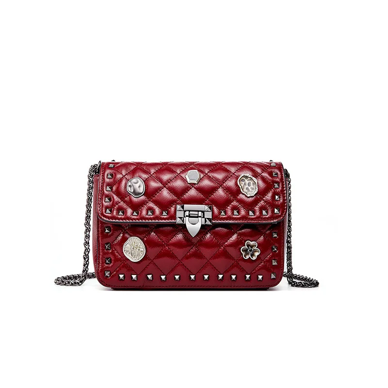 

Fashion Rivet First Layer Cow Leather New Diamond Chain Shoulder Messenger Bag Classic Brand Design Small Flap Female Crossbody