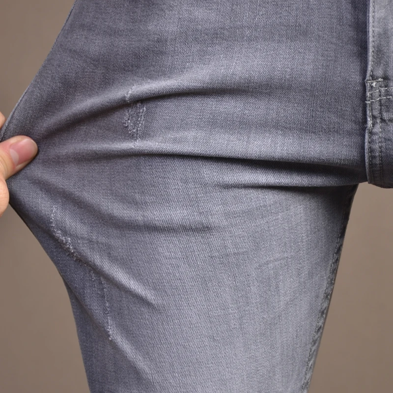 

Jeans Men Solid Gray 2021 Fashion Pencil Pants Scratched Stretch Slim Fit Denim Trousers