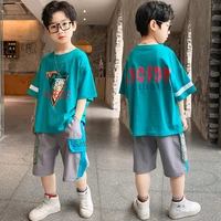 splicing spring autumn childrens clothes suit boys t shirt shorts 2pcsset kids teenage top school boy clothing high quality