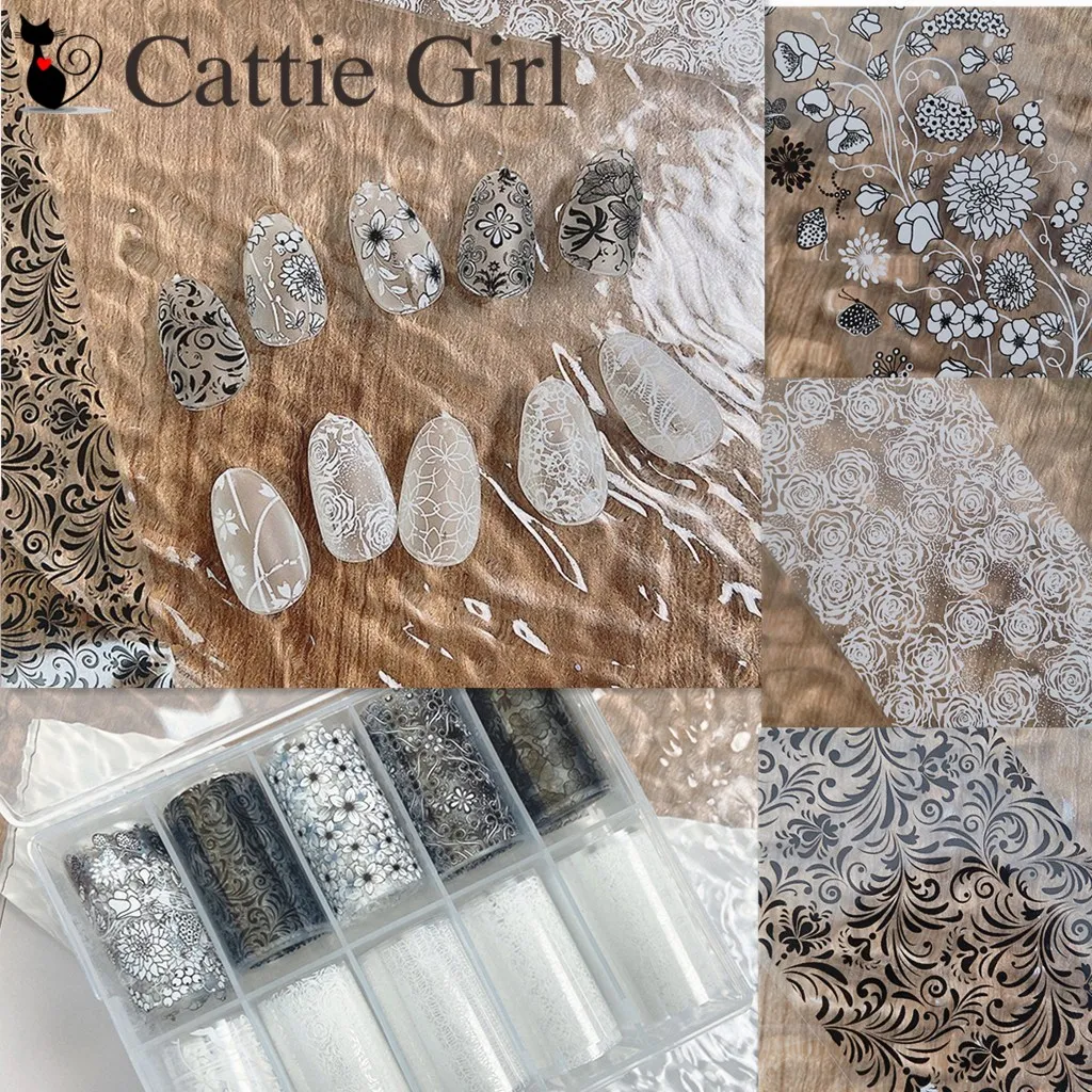 1Box  White Black Flower  Nail Foils Relief;Transfer Paper Lace  Foil Stickers Rose Nails Wraps Nail Art Decorations