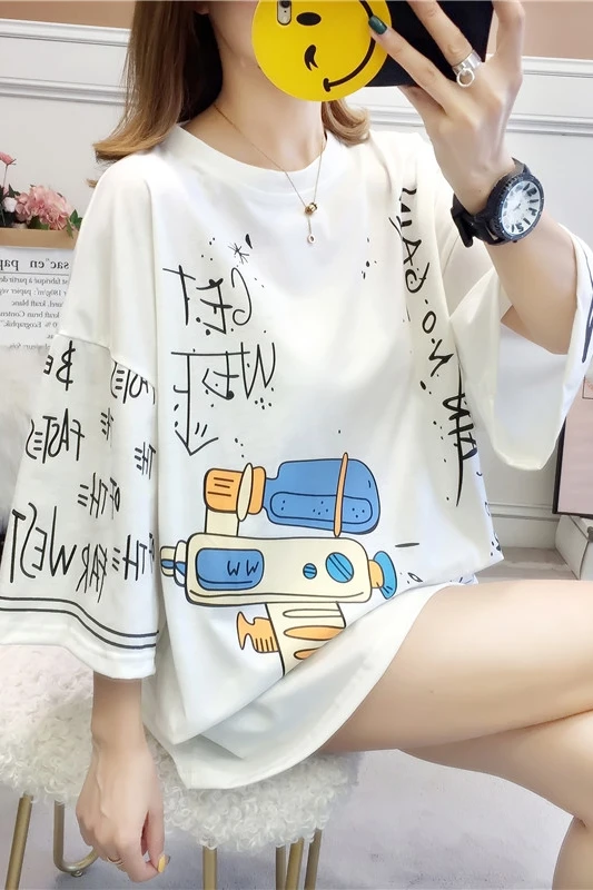 Летние футболки Harajukuu модная свободная футболка с круглым вырезом и принтом в