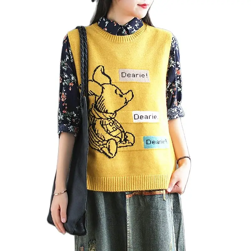 

Casual Ladies Sleeveless O Neck Sweater Vest Women Spring Autumn Korean Knitted Vest Letter Print Cute Cartoon Cashmere Vest