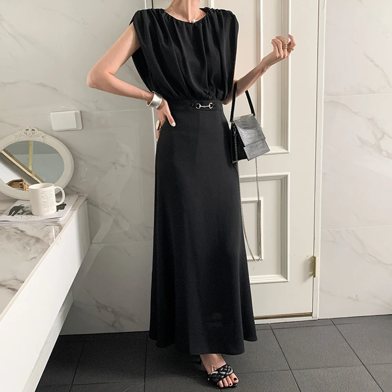 

GALCAUR Solid Dresses For Women 2021 Round Collar Sleeveless High Waist Fold Pleated Ankle Length Casual Dress Fashion Clothing