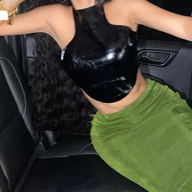 

Hjwsfdcai Fashion Crocodile PU Leather Halter Crop Top Beautiful Back Female Corset Women Sleeveless Tank Top Streetwear Clothes