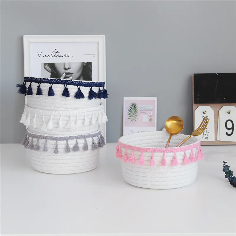 Хлопковые корзины для хранения веревки с кисточкой ручной работы Тканые стирки
