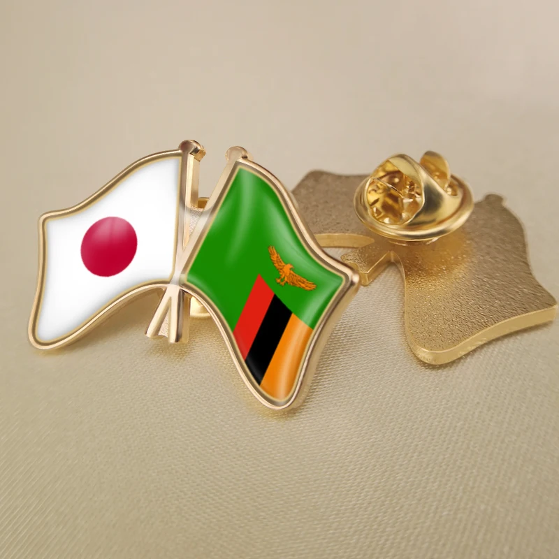 

Japan and Zambia Crossed Double Friendship Flags Lapel Pins Brooch Badges