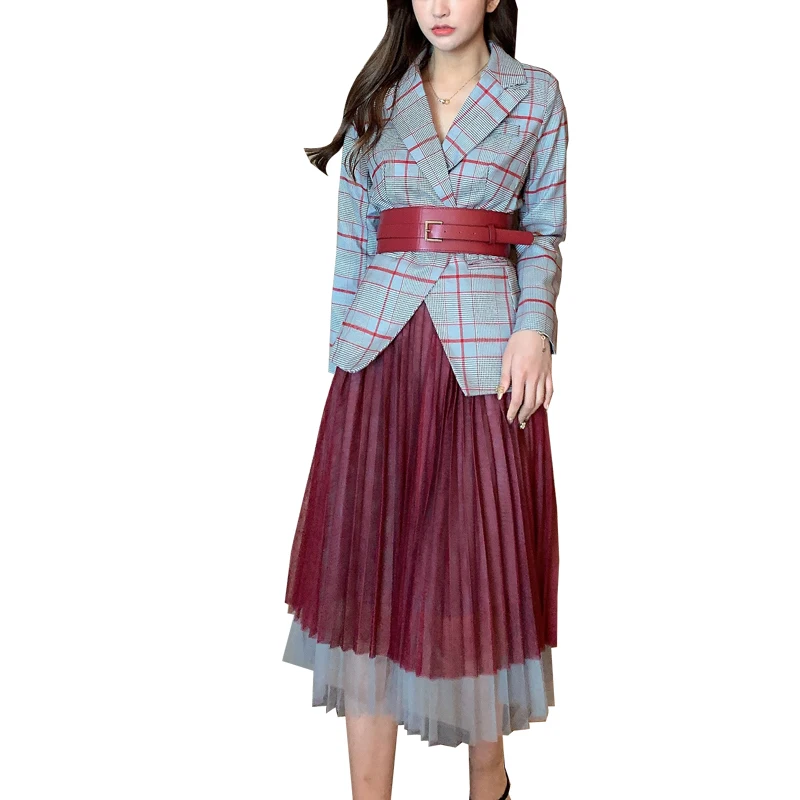 

Real shot Plaid waist small suit jacket + pleated mesh skirt suit women's 2020 early autumn and spring new