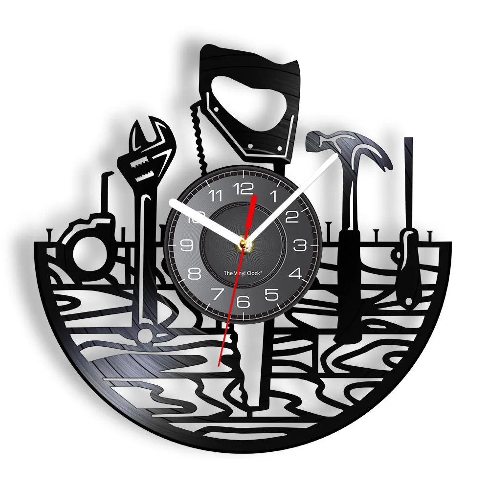 Carpenter Tools Gramophone Record Wall Clock Tool For Lumberjack Wood Saw Tapeline Vinyl Record Timepieces Carved Vinyl Record