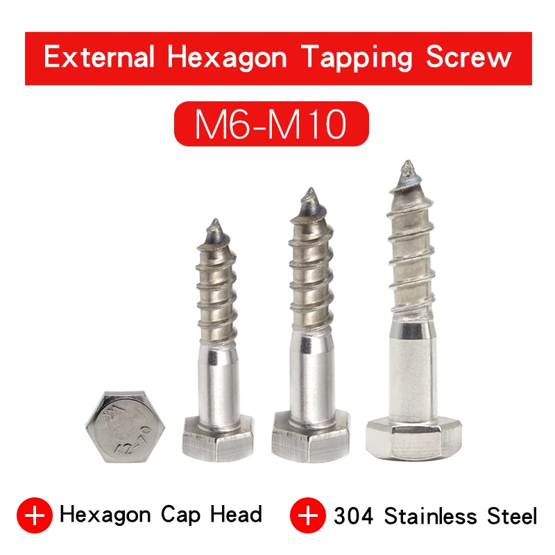 2-10 PCS External Hex Head Self Tapping Screw M6 M8 M10 304 Stainless Steel Material Large Long Hexagon head Wood screws