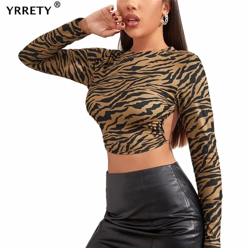 

Женские футболки YRRETY с леопардовым принтом, сексуальный укороченный топ с открытой спиной, футболки на шнуровке с длинным рукавом, осенняя ...