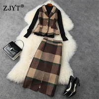autumn winter 3 piece suit women turn down collar plaid woolen vest knitting pullover top and skirt matching set vintage outfit