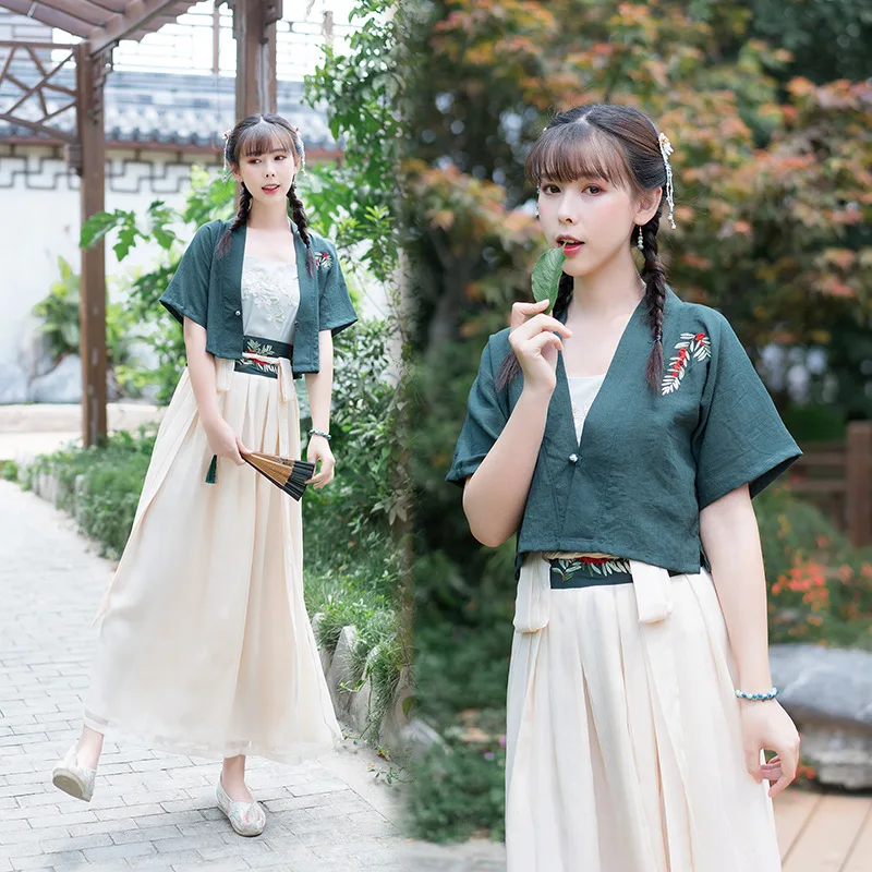 

New Improved Hanfu Chinese Traditional Female Classical Dance Clothes New Summer Short Sleeve Embroidery Hanfu Suit DQL3829