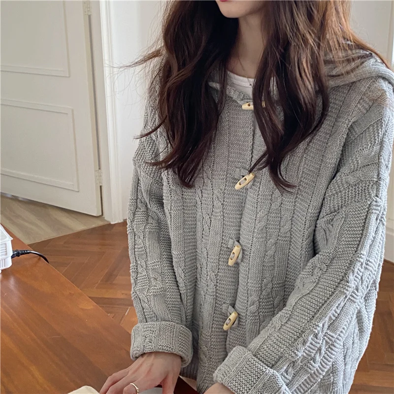 

Autumn/winter Ox Horn Button Twist Sweater Coat Women 2021 New Gentle and Lazy Wind with Knitted Cardigan