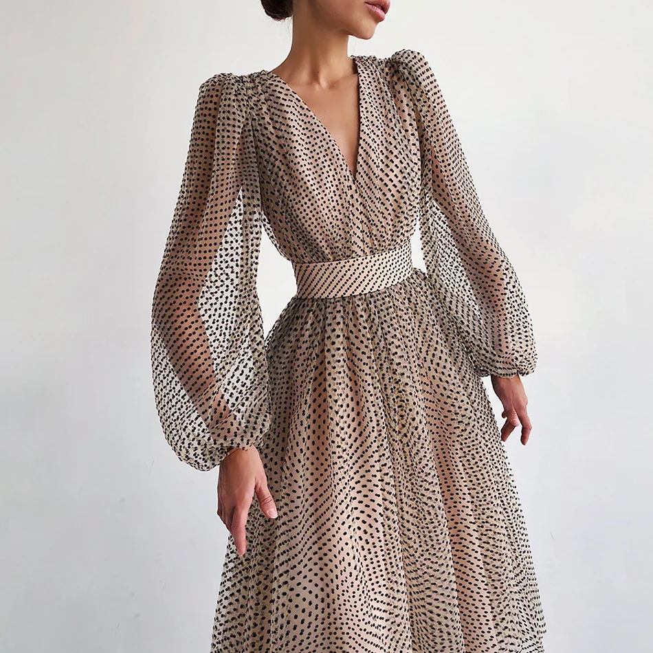 

Women Elegant Dress Summer Polka Dots Temperament Long Dresses Autumn 2022 V-neck Puff Sleeve Lantern Sleeve Ladies Dress