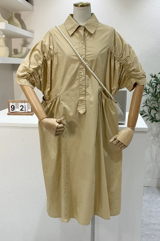 

Elegant Solid Office Lady Dress 2021 Summer New Pleated Lapel Button Short Sleeve Dress for Women Loose Plus Size Midi Vestidos
