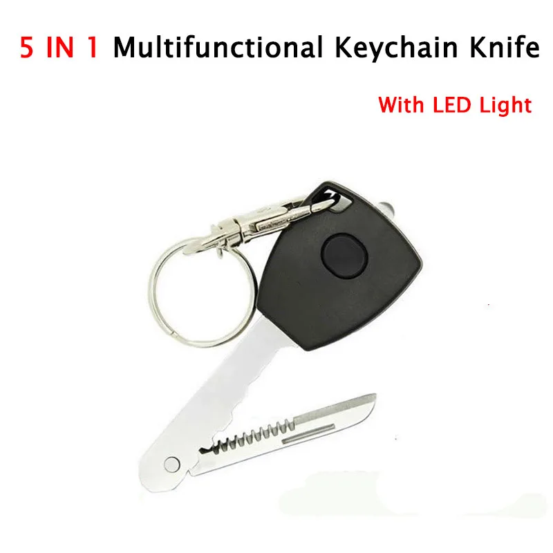 5 In 1 EDC Key Shape Led Keychain Lights with Kinfe Camping Equipment Outdoor Survival Kit Self Defense Women Toy Sports | Игрушки и