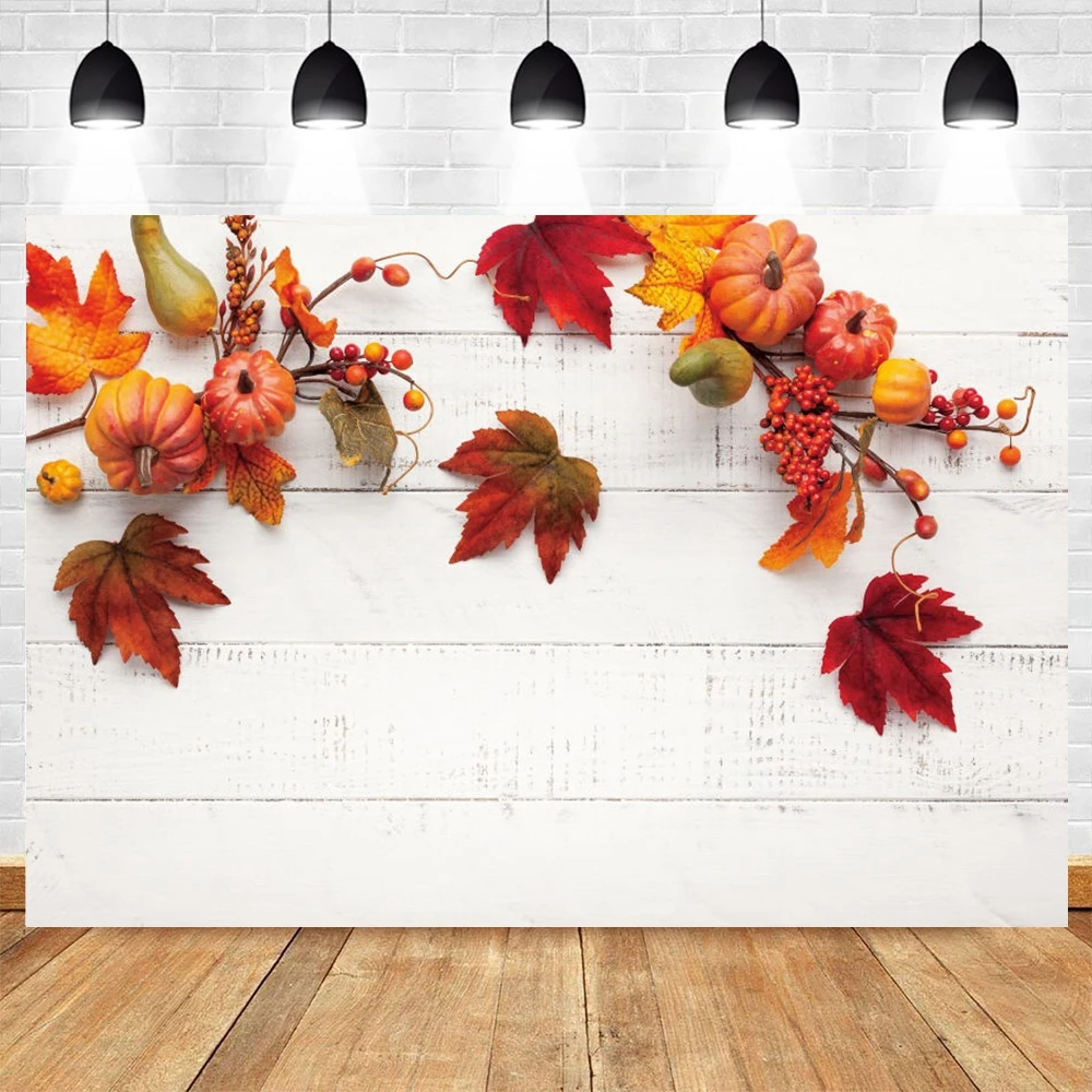 Фон для студийной фотосъемки с изображением осенней тыквы листьев деревянного