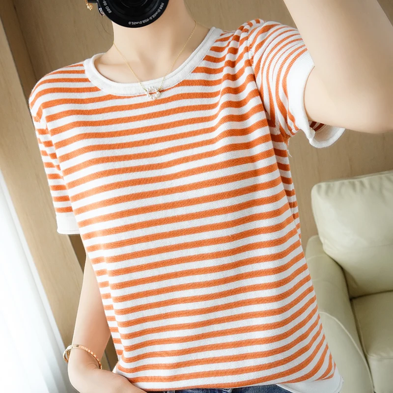 

Summer Women's Gradient Striped Short Sleeve Sweaters Tops Ladies Fashion T-Shirt Tops Cotton And Linen Knitted Pullover Tees