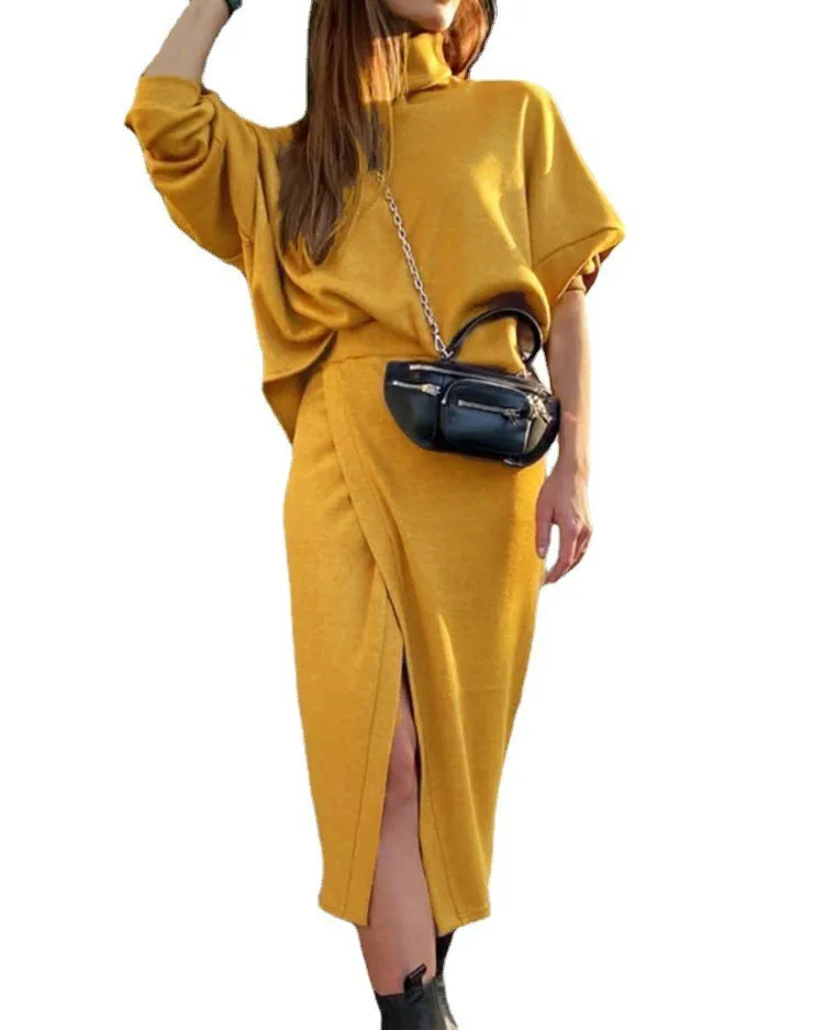 

Женский свободный желтый вязаный пуловер и юбка, комплект из двух предметов, женская зимняя повседневная Водолазка с длинным рукавом, свите...