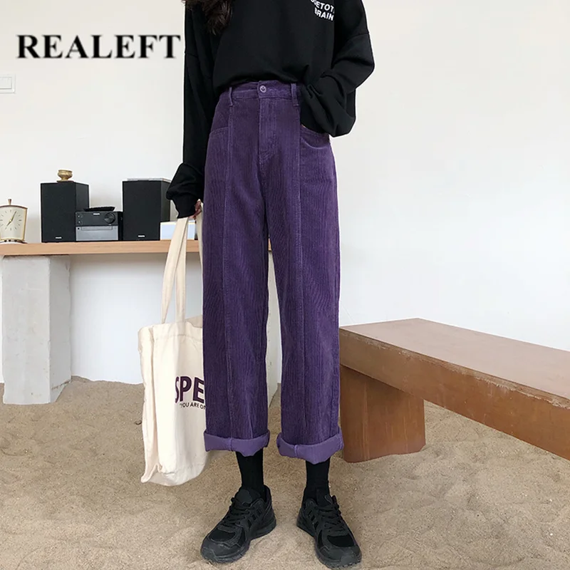 REALEFT зимние вельветовые Фиолетовые женские прямые штаны с высокой талией