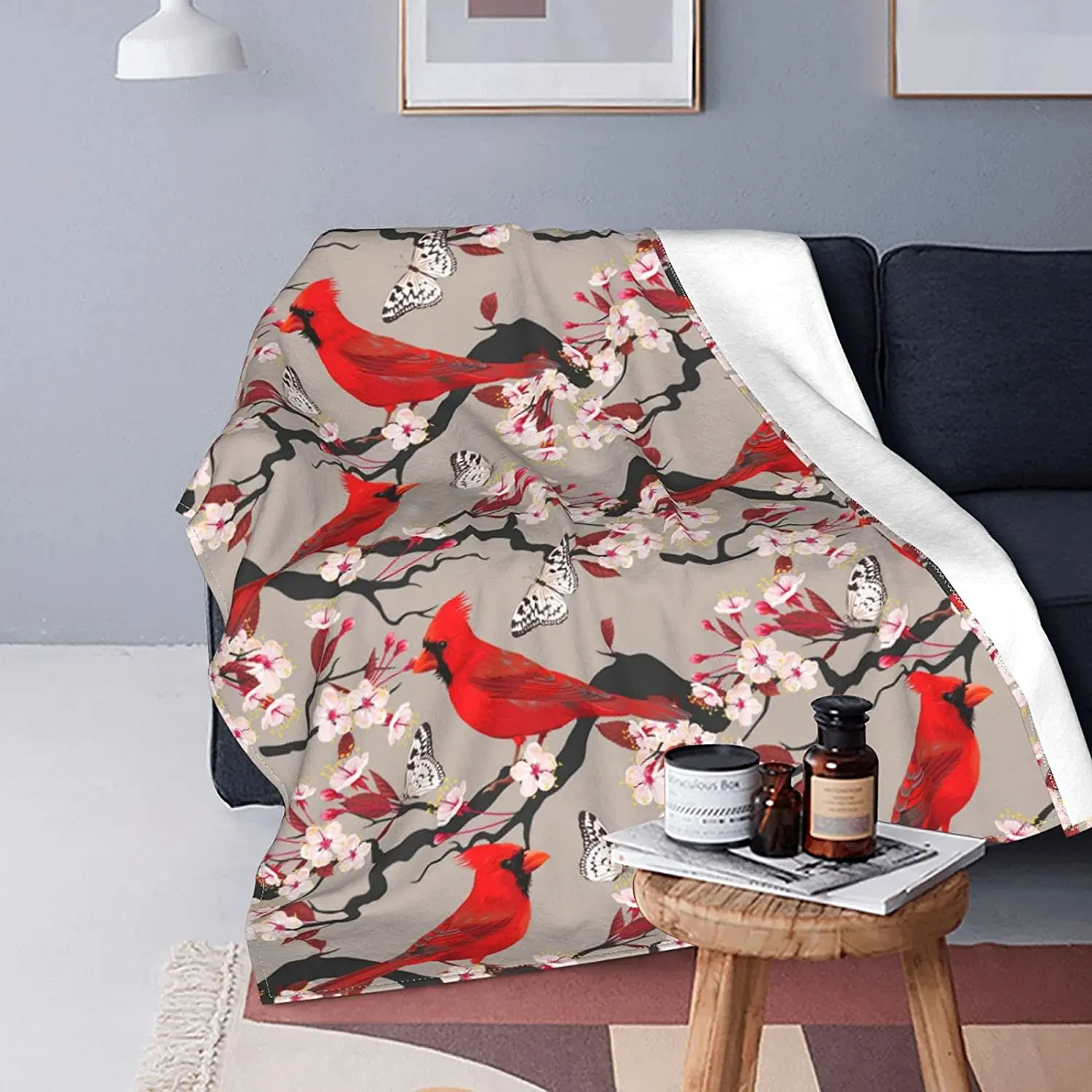 

Twin Size Blanket Cardinals Birds Cherry Flowers Plush Warm Bed Blanket Soft Throw Blanket fits Couch Sofa