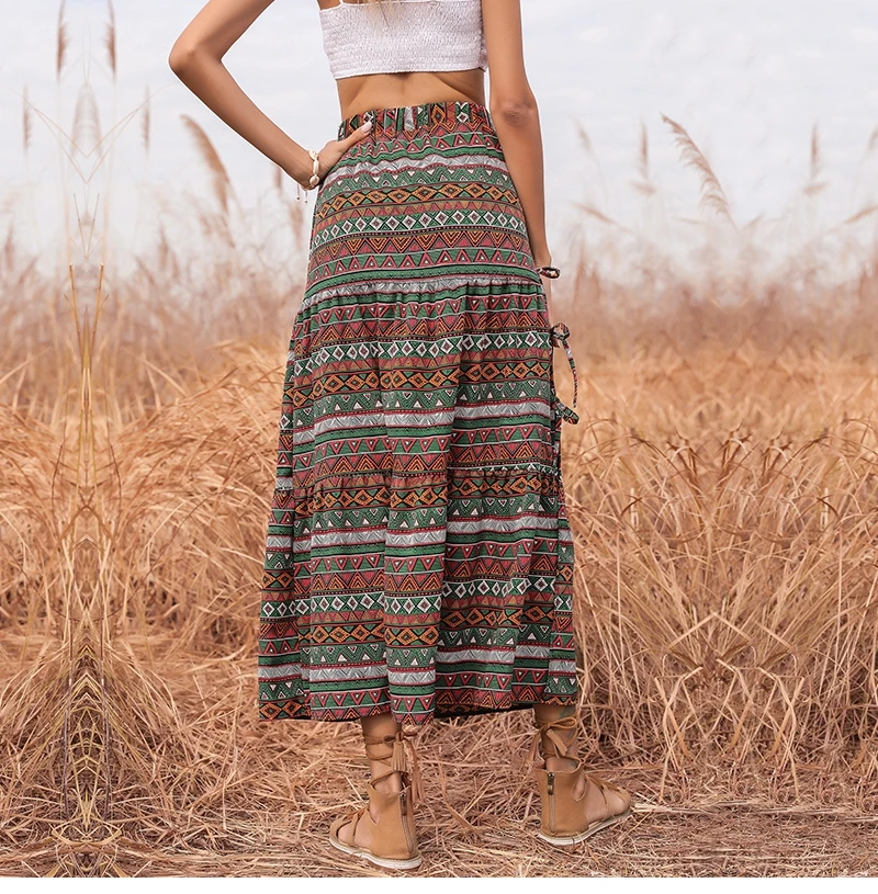 

2021 Spring Summer New Women's Casual Ethnic Printed Lace Up Skirt for Ladies Waist Split Green All Match Skirts for Fashion