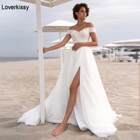loverkissy off the shoulder a line wedding dresses with slit v neck lace up back lace wedding gowns beach bridal dress chiffon