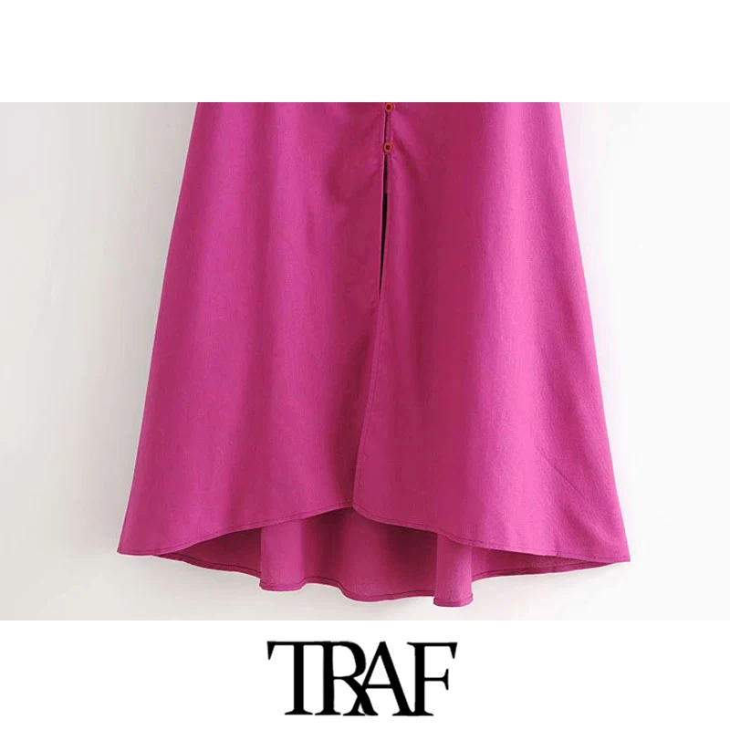 

TRAF Women Chic Fashion With Buttons Linen Midi Dress Vintage V Neck Puff Sleeve Back Elastic Female Dresses Vestidos
