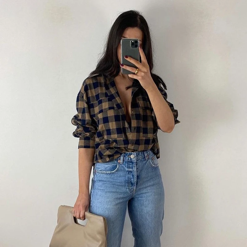 Ardm Fashion With Pockets Oversized Check Blouses Women 2020 Vintage Long Sleeve Side Vents Female Shirts Casual Plaid Tops