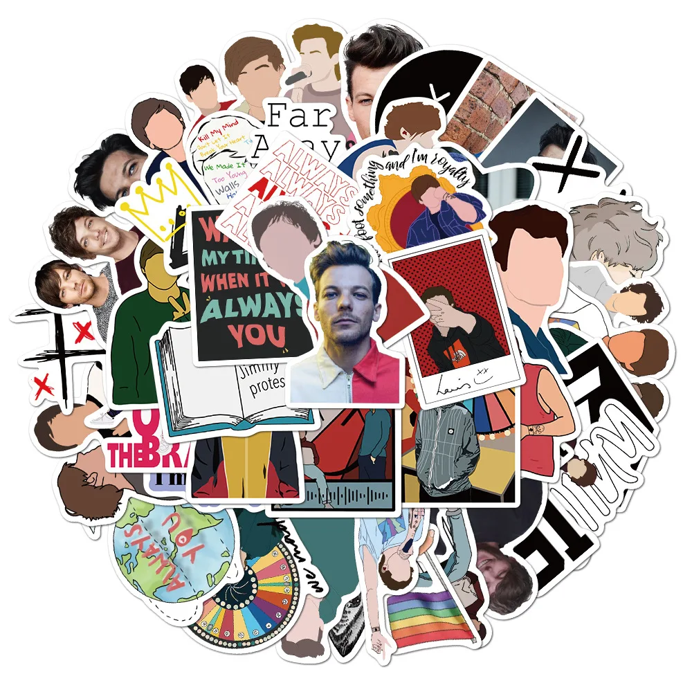 Pegatinas de Singer Louis Tomlinson para ordenador port&aacute;til, almohadilla de botella de agua de PVC, pegatina de juguete impermeable, 10/50 Uds.-1