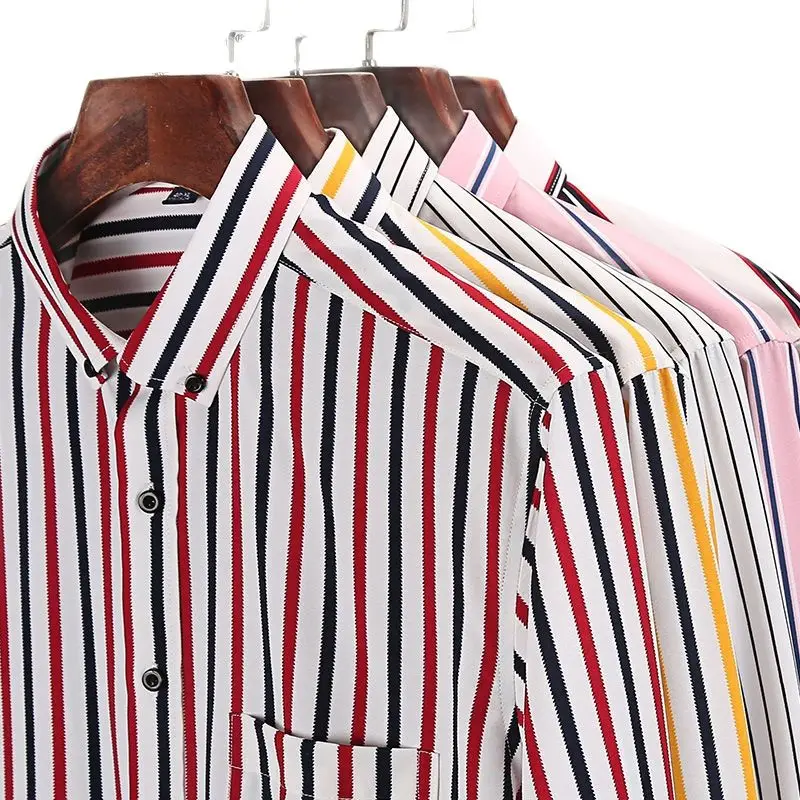 

Мужская полосатая рубашка с длинным рукавом, Повседневная рубашка в британском стиле, классическая версия, с воротником на пуговицах, мужск...