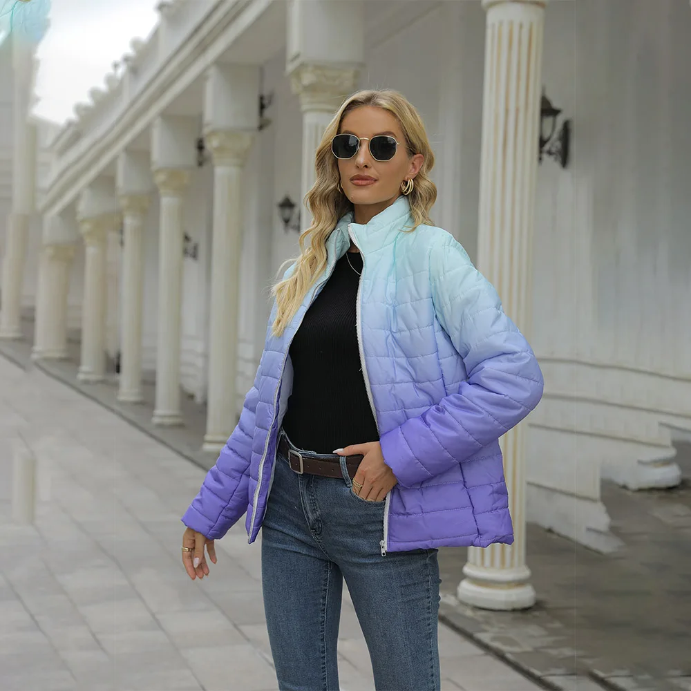 Women's Winter Fashion Gradient Zipper Pocket Long Sleeve Jacket New Printed Top Coat Outdoor Thicken Warm Casual Loose Jacket