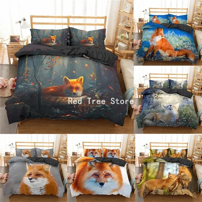 3D Bedding Set Animal Fox in Snow Forest Duvet Quilt Cover Comforter Bed Linen Pillowcase King Queen Size Kid Adult Home Textile