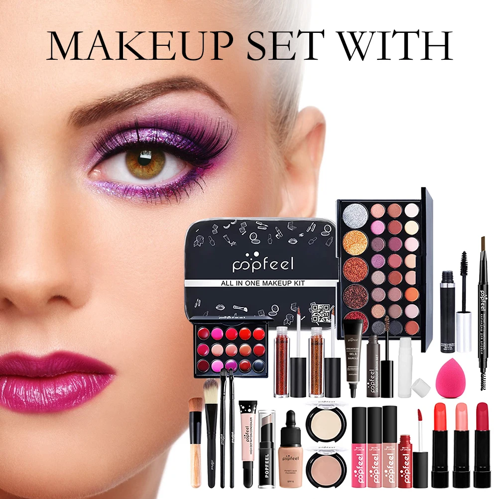 27Pcs Makeup Set Matte Lipstick Professional Eyeshadow Palette Mascara Gift With Cosmetic Bag Travel Portable Long Lasting | Красота и