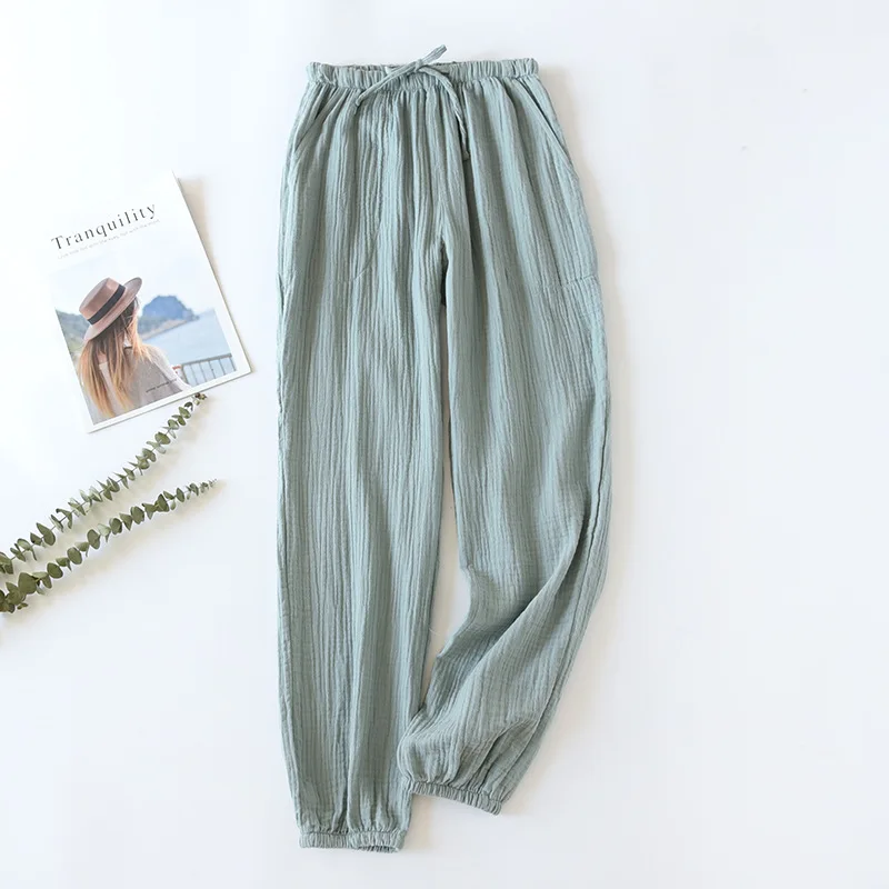 

Japanese Trousers Cotton Crepe Woman Pajama Tie Ankle-Length Waist Pants Spring Summer Thin Cool Lounge Wear Casual Home Cloths