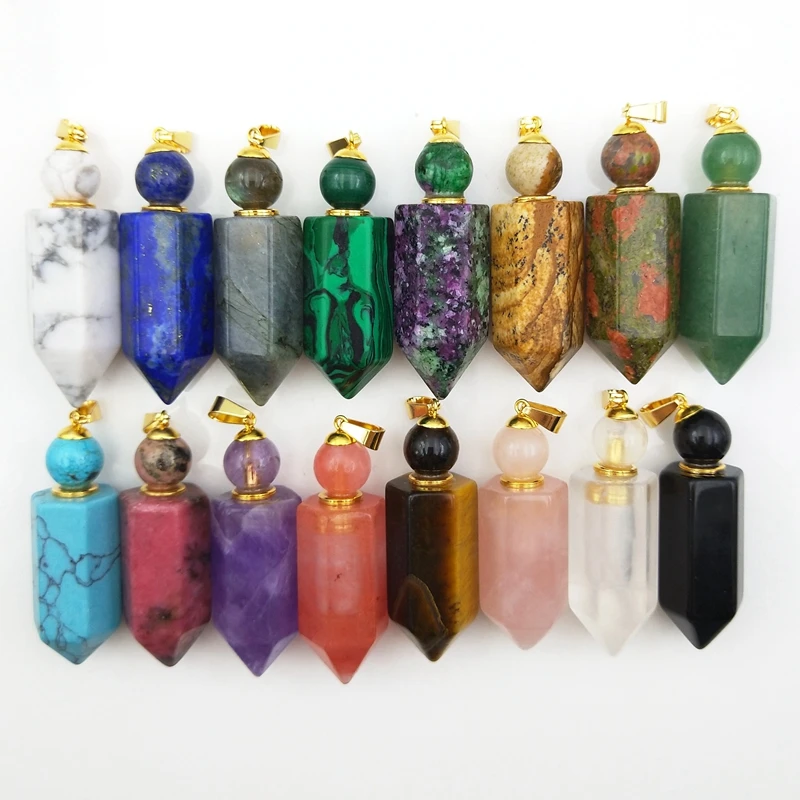 

Natural Hexagon prism perfume Bottle Pendant Gems stone Gold plating diffuser Crystal Quartz essential oils for Necklace