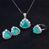 luxury triangle 3pcs jewelry set inlay blue cubic zirconia fashion s925 silvery rings necklace for women wedding unusual earring
