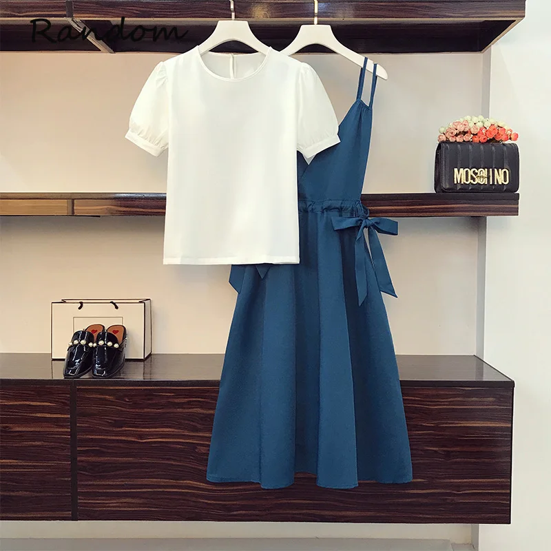 

2021 летняя пышная футболка из белого топа и сладкий платье на бретелях Открытое платье без рукавов, платье из двух частей комплект одежды раз...