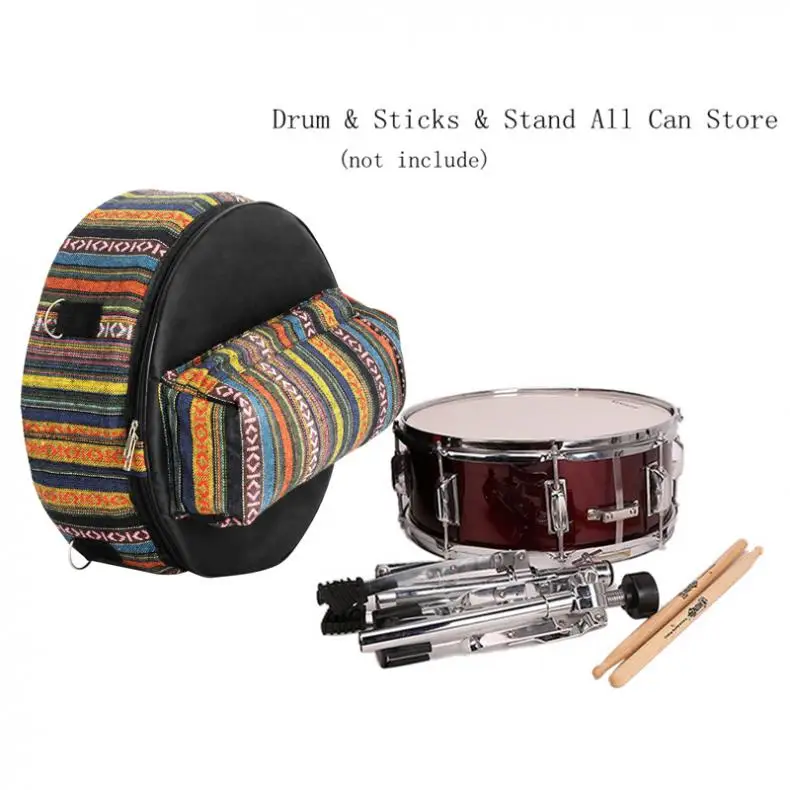 

14 Inch Folk Style Knitted Colorful Oxford Cloth Add Cotton Snare Drum Backpack with Drumsticks Stand Pocket