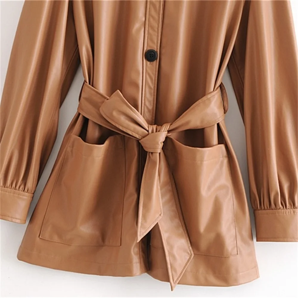 

2020 autumn women new long-sleeved Turn-down Collar with belt buttoned shirt imitation leather shirt jacket