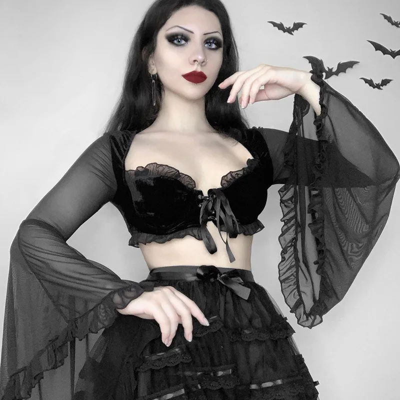 

Gothic Style Sexy Lace Perspective Black Long Sleeve T-shirt Women Street Flared Sleeves Slim Ins Tops Dark Goth woman tshirts