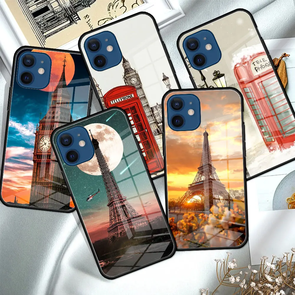 

Glass Case For iPhone 13 Mini 11 12 Pro Max 7 8 + XR X 6 6S Plus XS SE 2020 Soft Edge Phone Covers Eiffel Tower Big Ben