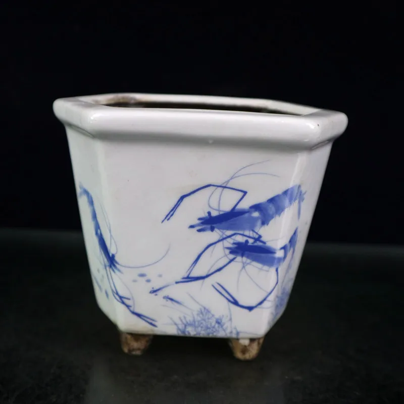 

Китайский Старый Фарфор сине-белый креветки узор шестигранный цветочный горшок коллекция
