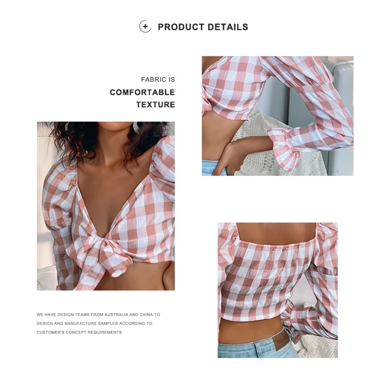 

2020 new fashion ladies V-neck tie pink and white plaid slim long-sleeved shirt sexy top