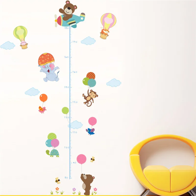 

Elephant Bear Monkey Balloon Aircraft Height Measure Wall Stickers For Kids Rooms Cartoon Animals Growth Chart Mural Decals