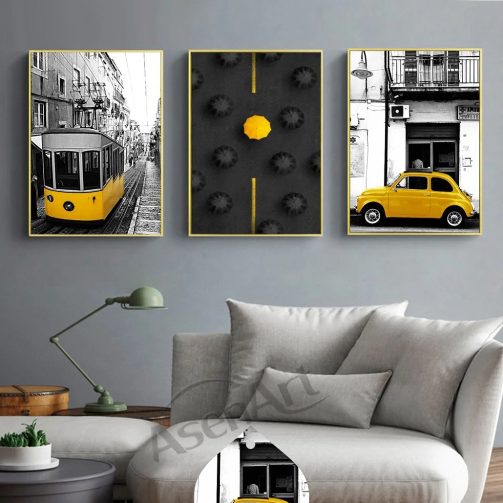 Современный городской фотографии Wall Art желтый машины автобусы холст картины