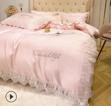 Pink 02 ANNAs хороший набор свадебного постельного белья качество Девушки Красивая наволочка лаконичное кружево розовый тенсель пододеяльник лед шелк простыня - Цвет: Pink 02