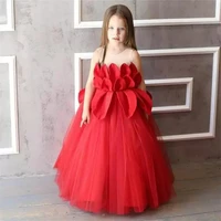 floor length tulle long princess birthday party gowns with tiered sash sheer neck flower girl dresses a line communion vestidos